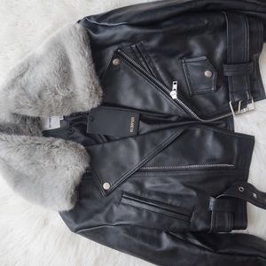 Women’s Cropped Leather Jacket with Fur Trim